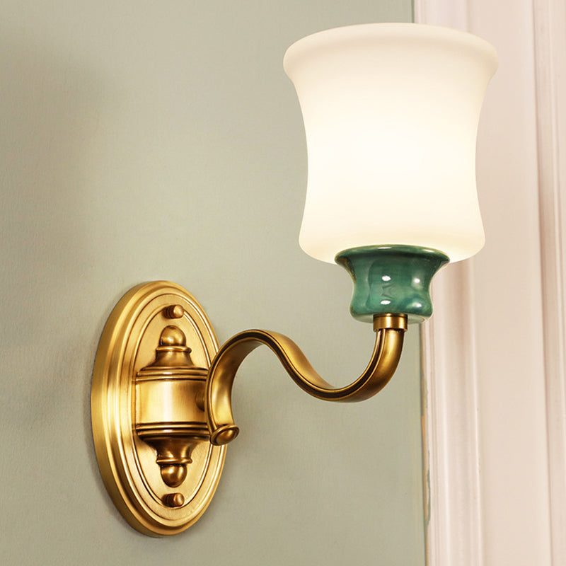 Metal Gold Finish Wall Sconce Bell 1/2-Bulb Vintage Style Wall Light Fixture with Milky Glass Shade Clearhalo 'Wall Lamps & Sconces' 'Wall Lights' Lighting' 276088