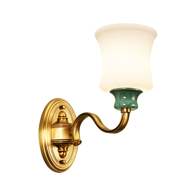 Metal Gold Finish Wall Sconce Bell 1/2-Bulb Vintage Style Wall Light Fixture with Milky Glass Shade Clearhalo 'Wall Lamps & Sconces' 'Wall Lights' Lighting' 276090