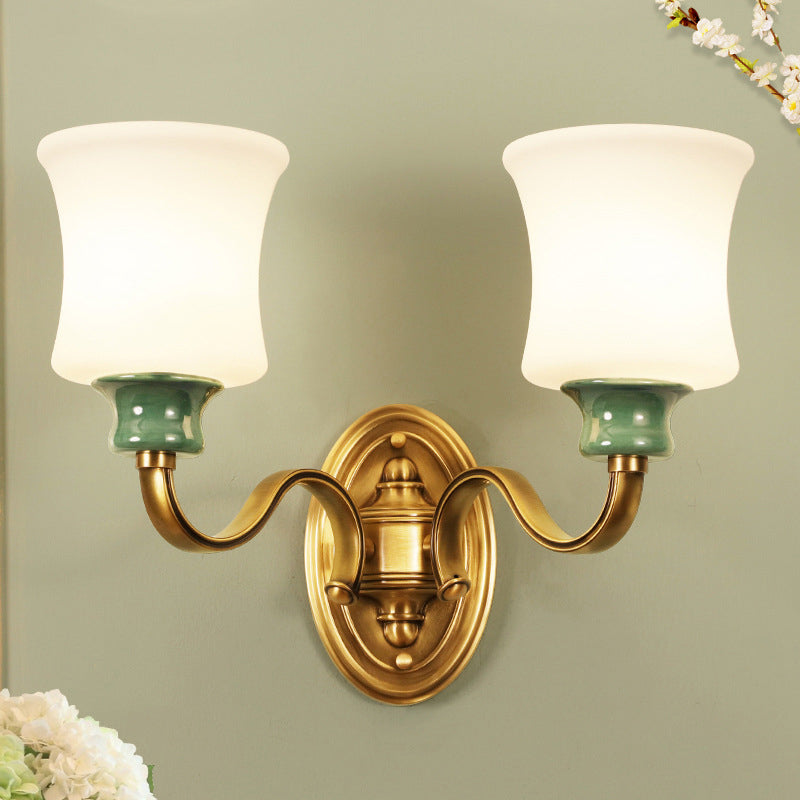 Metal Gold Finish Wall Sconce Bell 1/2-Bulb Vintage Style Wall Light Fixture with Milky Glass Shade 2.0 Gold Clearhalo 'Wall Lamps & Sconces' 'Wall Lights' Lighting' 276093