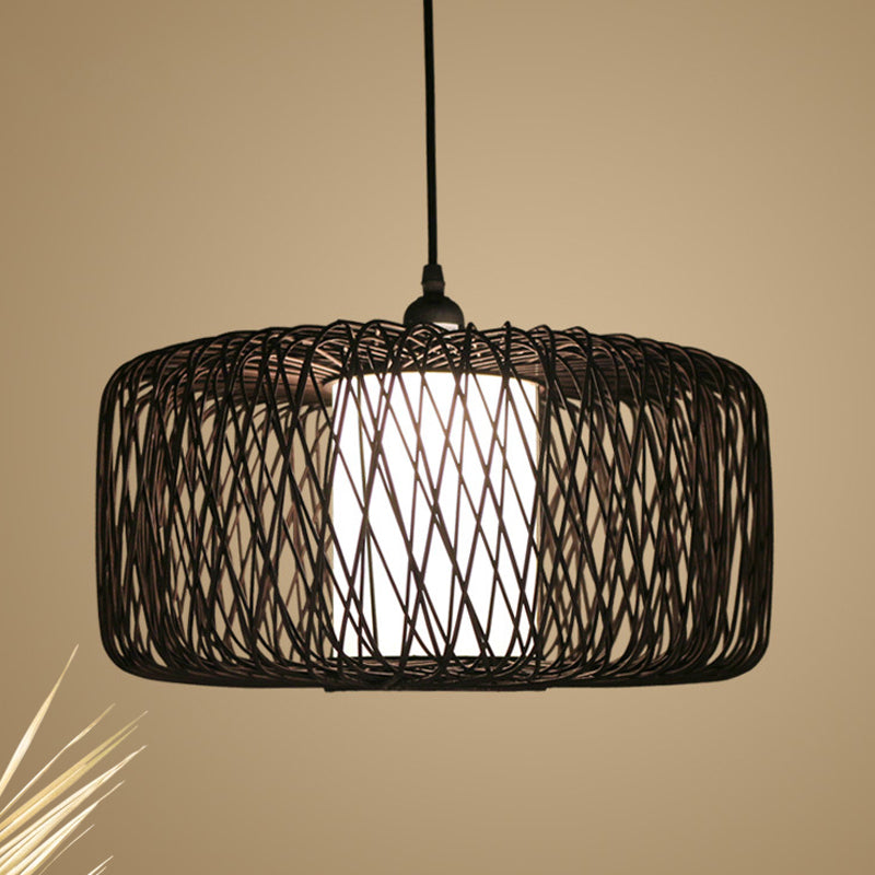 Cylinder Suspension Pendant Contemporary Bamboo 1 Bulb Black/Wood Hanging Light Kit, 16"/23.5" Wide Black Clearhalo 'Ceiling Lights' 'Modern Pendants' 'Modern' 'Pendant Lights' 'Pendants' Lighting' 276105