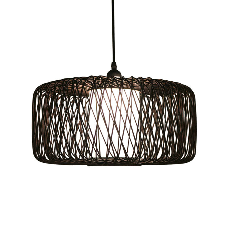 Cylinder Suspension Pendant Contemporary Bamboo 1 Bulb Black/Wood Hanging Light Kit, 16"/23.5" Wide Clearhalo 'Ceiling Lights' 'Modern Pendants' 'Modern' 'Pendant Lights' 'Pendants' Lighting' 276109