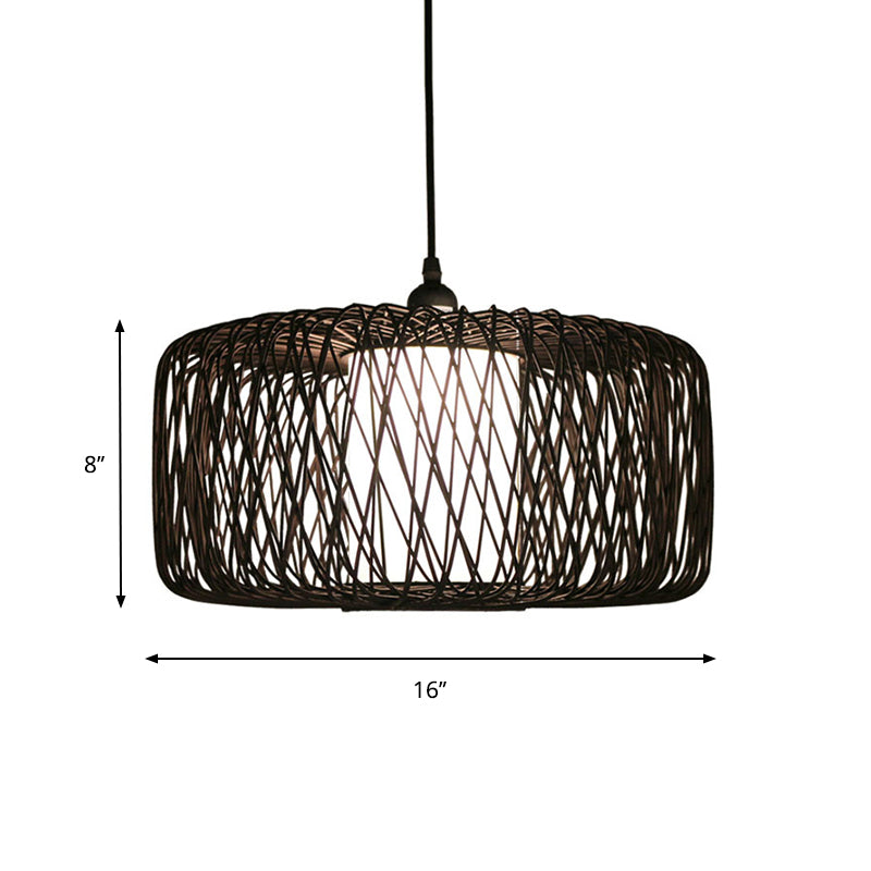 Cylinder Suspension Pendant Contemporary Bamboo 1 Bulb Black/Wood Hanging Light Kit, 16"/23.5" Wide Clearhalo 'Ceiling Lights' 'Modern Pendants' 'Modern' 'Pendant Lights' 'Pendants' Lighting' 276110