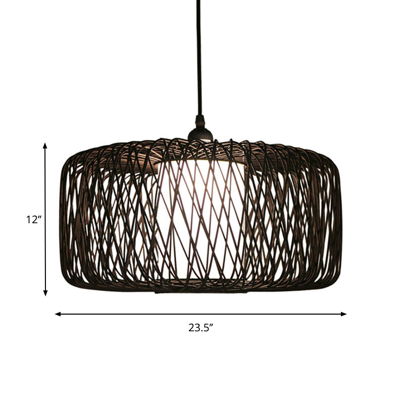 Cylinder Suspension Pendant Contemporary Bamboo 1 Bulb Black/Wood Hanging Light Kit, 16"/23.5" Wide Clearhalo 'Ceiling Lights' 'Modern Pendants' 'Modern' 'Pendant Lights' 'Pendants' Lighting' 276111