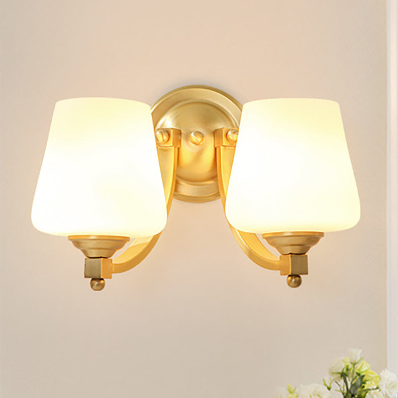 Gold 1/2-Bulb Wall Sconce Lamp Modern Style White Glass Cup Shaped Wall Lighting for Bedroom 2.0 Gold Clearhalo 'Wall Lamps & Sconces' 'Wall Lights' Lighting' 276129