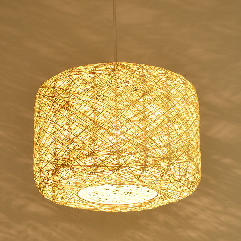 Drum Pendant Lighting Tradition Rattan 1 Bulb 12"/16"/18" Wide Beige/Blue Ceiling Hanging Light Clearhalo 'Ceiling Lights' 'Modern Pendants' 'Modern' 'Pendant Lights' 'Pendants' Lighting' 276135