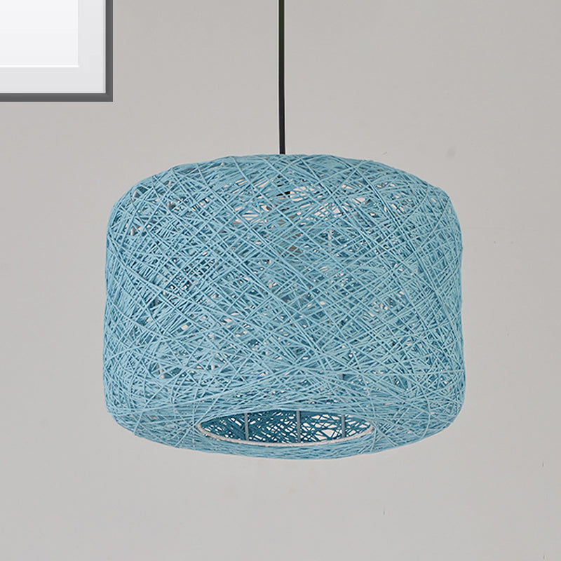 Drum Pendant Lighting Tradition Rattan 1 Bulb 12"/16"/18" Wide Beige/Blue Ceiling Hanging Light Blue Clearhalo 'Ceiling Lights' 'Modern Pendants' 'Modern' 'Pendant Lights' 'Pendants' Lighting' 276142