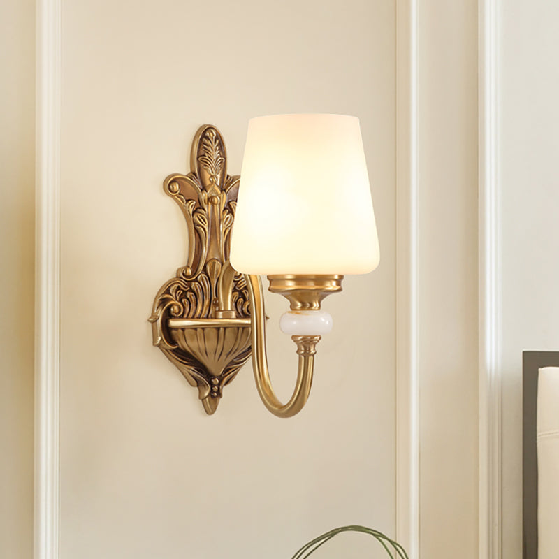 Opal Glass Tapered Sconce Light Vintage Stylish 1/2-Light Bedroom Wall Mounted Light with Golden Gooseneck Arm 1.0 Gold Clearhalo 'Wall Lamps & Sconces' 'Wall Lights' Lighting' 276149