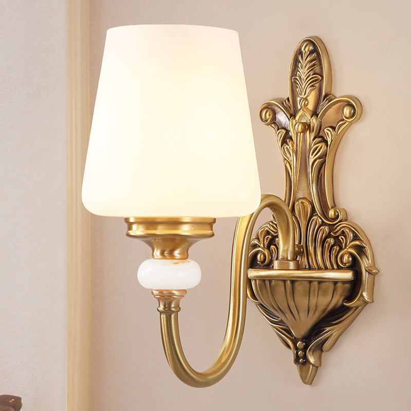 Opal Glass Tapered Sconce Light Vintage Stylish 1/2-Light Bedroom Wall Mounted Light with Golden Gooseneck Arm Clearhalo 'Wall Lamps & Sconces' 'Wall Lights' Lighting' 276150