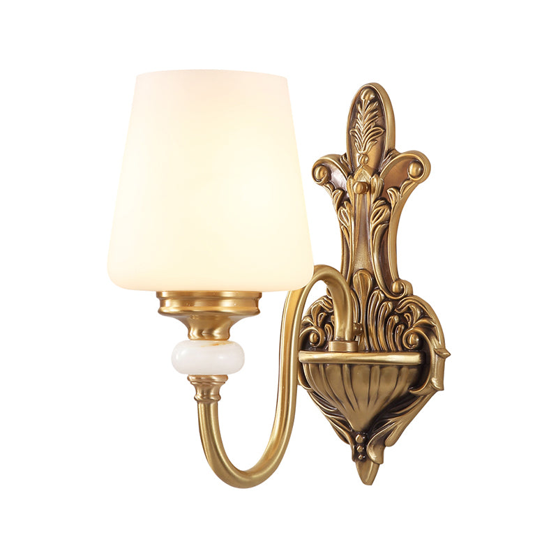 Opal Glass Tapered Sconce Light Vintage Stylish 1/2-Light Bedroom Wall Mounted Light with Golden Gooseneck Arm Clearhalo 'Wall Lamps & Sconces' 'Wall Lights' Lighting' 276152