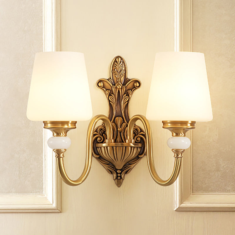 Opal Glass Tapered Sconce Light Vintage Stylish 1/2-Light Bedroom Wall Mounted Light with Golden Gooseneck Arm 2.0 Gold Clearhalo 'Wall Lamps & Sconces' 'Wall Lights' Lighting' 276155