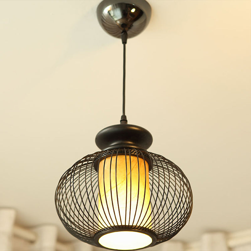 Urn Pendant Lighting Tradition Bamboo 1 Bulb Black/Wood Hanging Lamp Kit for Bedroom, 10"/12" Wide Black Clearhalo 'Ceiling Lights' 'Modern Pendants' 'Modern' 'Pendant Lights' 'Pendants' Lighting' 276198