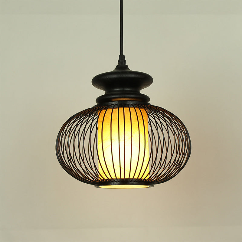 Urn Pendant Lighting Tradition Bamboo 1 Bulb Black/Wood Hanging Lamp Kit for Bedroom, 10"/12" Wide Clearhalo 'Ceiling Lights' 'Modern Pendants' 'Modern' 'Pendant Lights' 'Pendants' Lighting' 276199