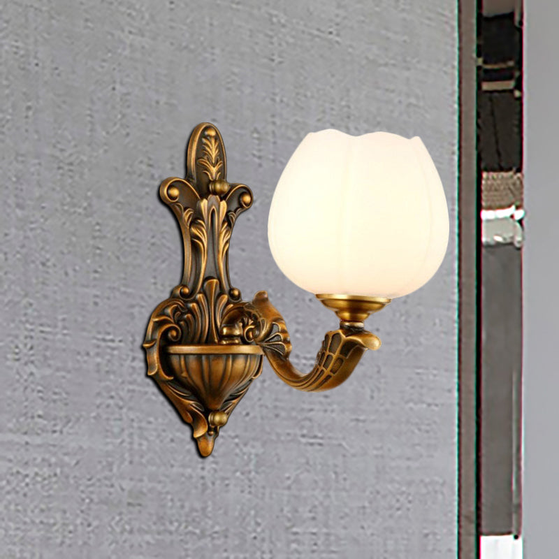 1/2-Light Bowl Shade Wall Sconce Vintage Stylish Antique Brass Metal Wall Light with Milky Glass Shade 1.0 Antique Brass Clearhalo 'Wall Lamps & Sconces' 'Wall Lights' Lighting' 276219