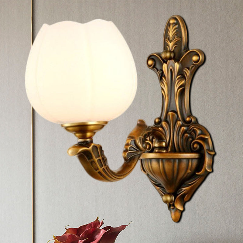 1/2-Light Bowl Shade Wall Sconce Vintage Stylish Antique Brass Metal Wall Light with Milky Glass Shade Clearhalo 'Wall Lamps & Sconces' 'Wall Lights' Lighting' 276220