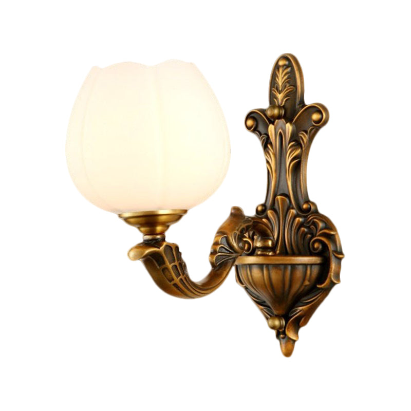 1/2-Light Bowl Shade Wall Sconce Vintage Stylish Antique Brass Metal Wall Light with Milky Glass Shade Clearhalo 'Wall Lamps & Sconces' 'Wall Lights' Lighting' 276222