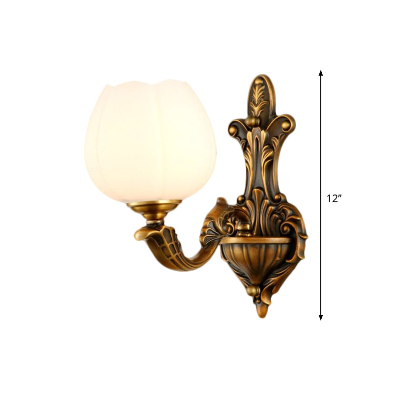 1/2-Light Bowl Shade Wall Sconce Vintage Stylish Antique Brass Metal Wall Light with Milky Glass Shade Clearhalo 'Wall Lamps & Sconces' 'Wall Lights' Lighting' 276223