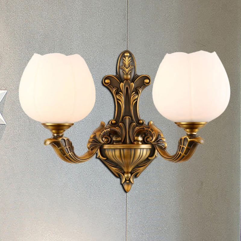 1/2-Light Bowl Shade Wall Sconce Vintage Stylish Antique Brass Metal Wall Light with Milky Glass Shade 2.0 Antique Brass Clearhalo 'Wall Lamps & Sconces' 'Wall Lights' Lighting' 276225