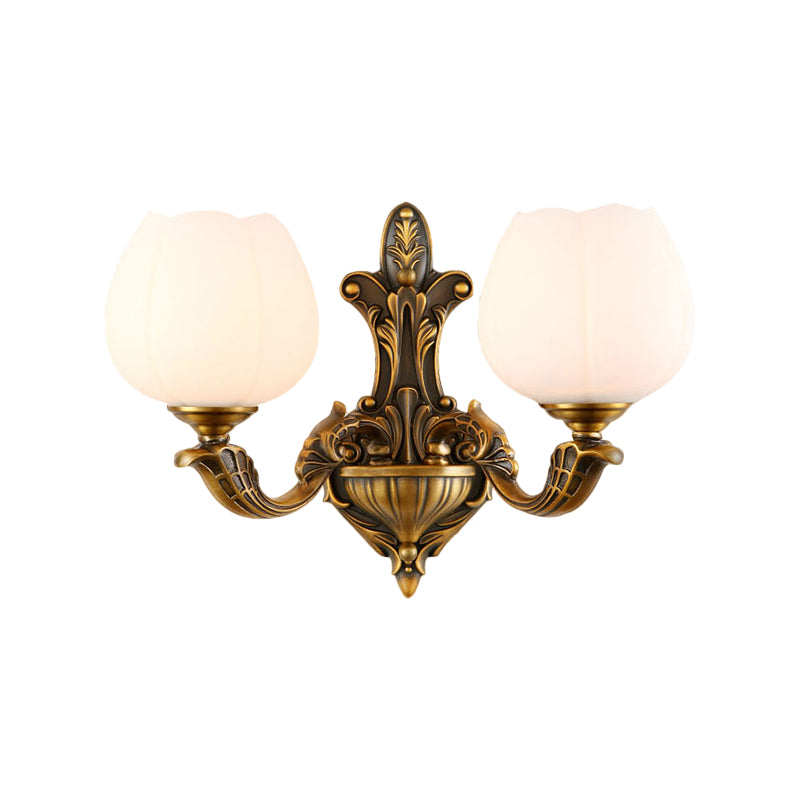 1/2-Light Bowl Shade Wall Sconce Vintage Stylish Antique Brass Metal Wall Light with Milky Glass Shade Clearhalo 'Wall Lamps & Sconces' 'Wall Lights' Lighting' 276228