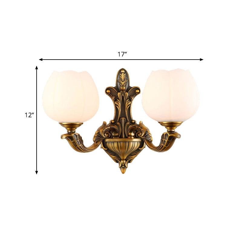 1/2-Light Bowl Shade Wall Sconce Vintage Stylish Antique Brass Metal Wall Light with Milky Glass Shade Clearhalo 'Wall Lamps & Sconces' 'Wall Lights' Lighting' 276229