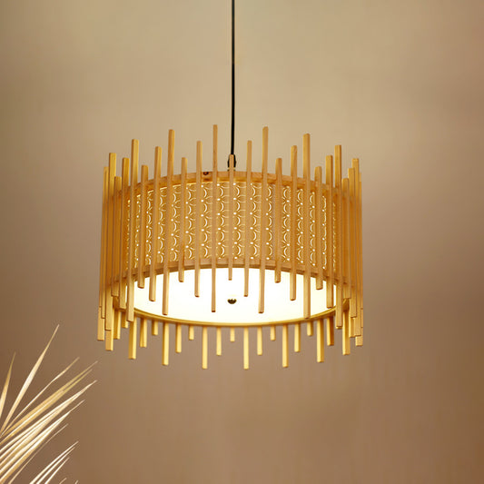 Cylindrical Suspension Pendant Retro Wood 1 Bulb Beige Hanging Light Kit with Inner White PVC Shade Wood Clearhalo 'Ceiling Lights' 'Modern Pendants' 'Modern' 'Pendant Lights' 'Pendants' Lighting' 276286