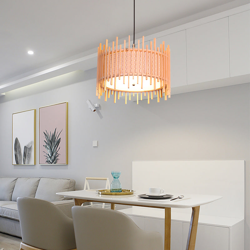 Cylindrical Suspension Pendant Retro Wood 1 Bulb Beige Hanging Light Kit with Inner White PVC Shade Clearhalo 'Ceiling Lights' 'Modern Pendants' 'Modern' 'Pendant Lights' 'Pendants' Lighting' 276288