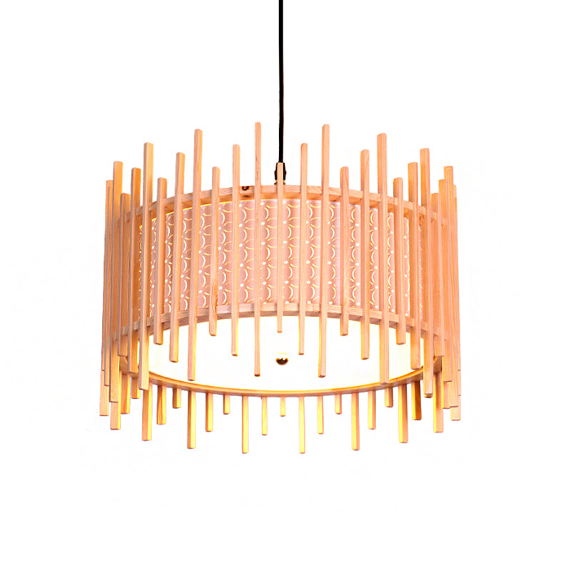 Cylindrical Suspension Pendant Retro Wood 1 Bulb Beige Hanging Light Kit with Inner White PVC Shade Clearhalo 'Ceiling Lights' 'Modern Pendants' 'Modern' 'Pendant Lights' 'Pendants' Lighting' 276290