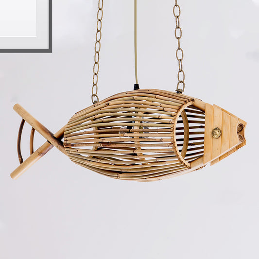 1 Bulb Tearoom Ceiling Light Asian Wood Pendant Light Fixture with Fish Bamboo Shade Wood Clearhalo 'Ceiling Lights' 'Modern Pendants' 'Modern' 'Pendant Lights' 'Pendants' Lighting' 276326