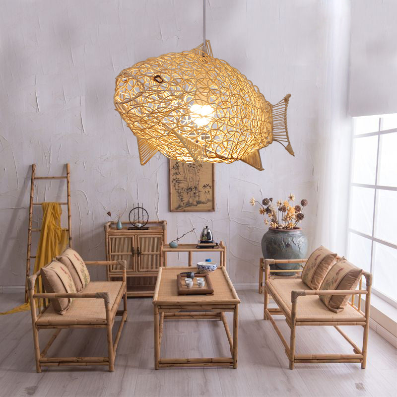 Wood Fish Pendant Lighting Tradition Bamboo 1 Bulb Hanging Lamp Kit for Restaurant Clearhalo 'Ceiling Lights' 'Modern Pendants' 'Modern' 'Pendant Lights' 'Pendants' Lighting' 276344