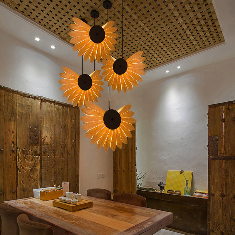 Beige Sunflower Pendant Lighting Modernism 1 Bulb Wood Hanging Light Fixture for Restaurant Clearhalo 'Ceiling Lights' 'Modern Pendants' 'Modern' 'Pendant Lights' 'Pendants' Lighting' 276373