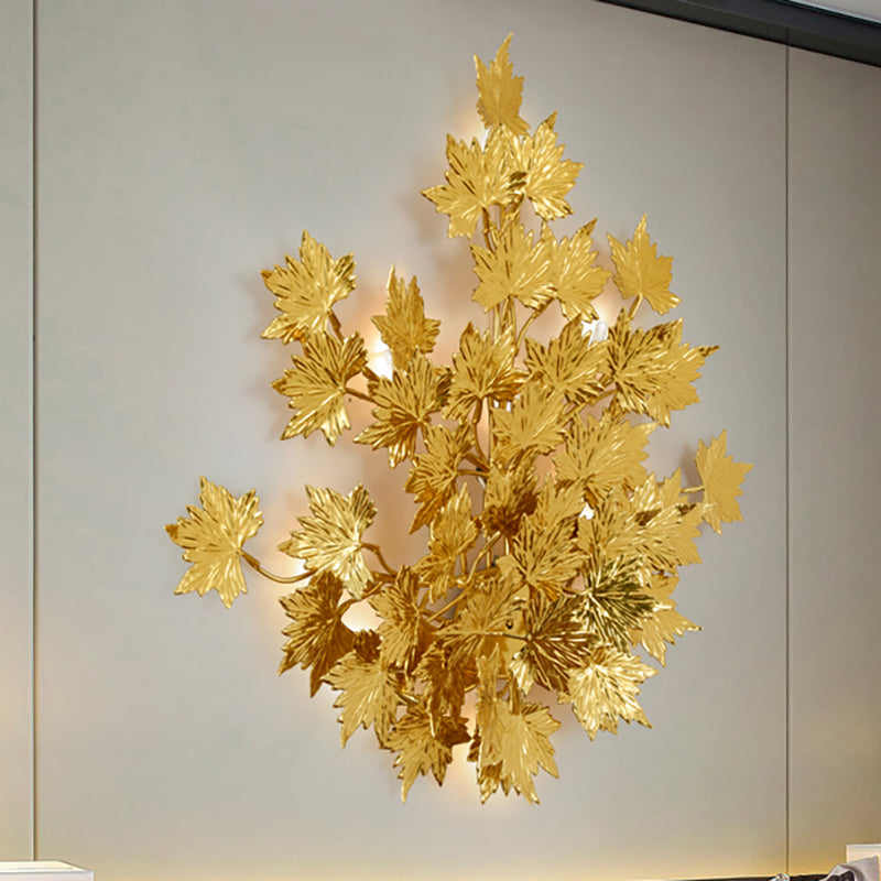 Aluminum Gold Wall Light Fixture Maple Leaf 2/10 Lights Traditional Style Wall Mounted Light for Living Room 10.0 Gold Clearhalo 'Wall Lamps & Sconces' 'Wall Lights' Lighting' 276416