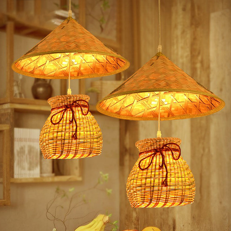 Bamboo Cone Suspension Pendant Traditional 1 Head Wood Hanging Ceiling Light with Basket Wood A Clearhalo 'Ceiling Lights' 'Modern Pendants' 'Modern' 'Pendant Lights' 'Pendants' Lighting' 276427