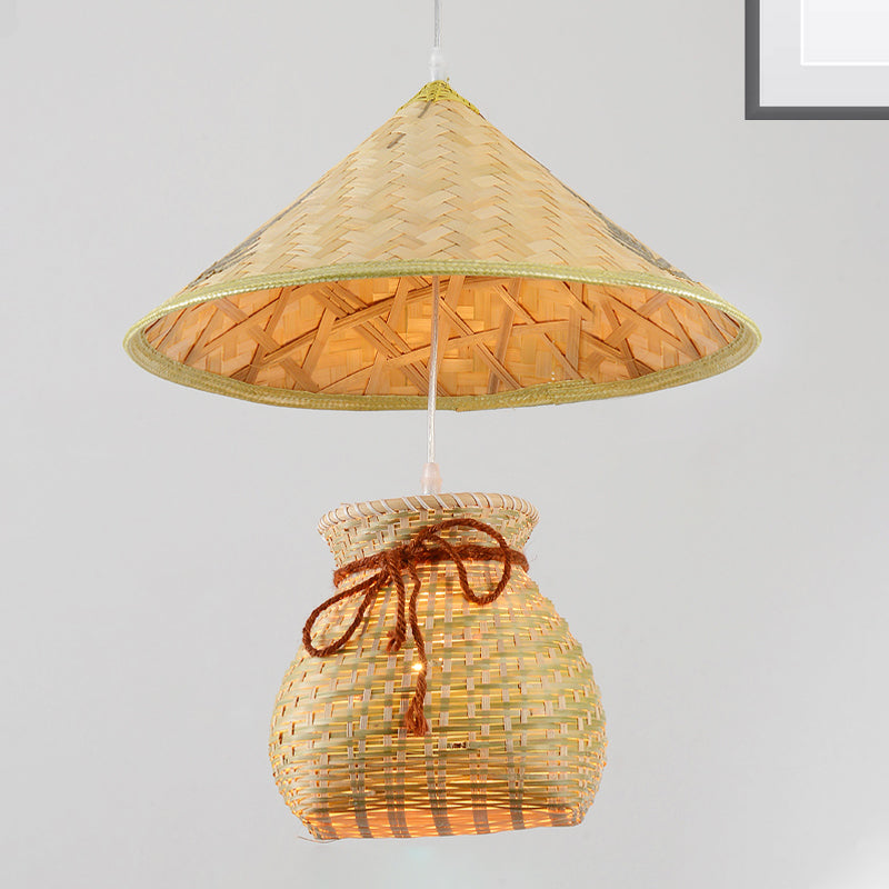 Bamboo Cone Suspension Pendant Traditional 1 Head Wood Hanging Ceiling Light with Basket Clearhalo 'Ceiling Lights' 'Modern Pendants' 'Modern' 'Pendant Lights' 'Pendants' Lighting' 276428