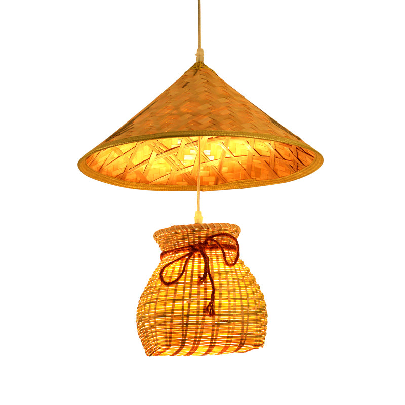 Bamboo Cone Suspension Pendant Traditional 1 Head Wood Hanging Ceiling Light with Basket Clearhalo 'Ceiling Lights' 'Modern Pendants' 'Modern' 'Pendant Lights' 'Pendants' Lighting' 276431