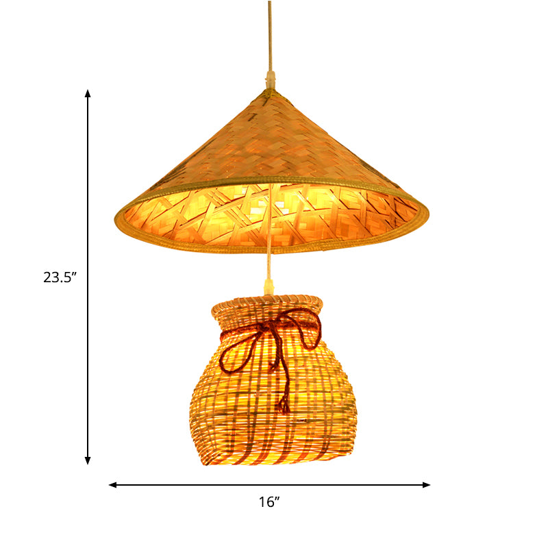 Bamboo Cone Suspension Pendant Traditional 1 Head Wood Hanging Ceiling Light with Basket Clearhalo 'Ceiling Lights' 'Modern Pendants' 'Modern' 'Pendant Lights' 'Pendants' Lighting' 276432