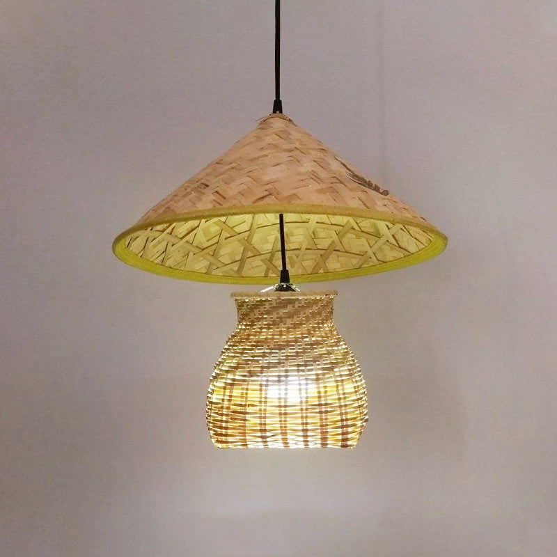 Bamboo Cone Suspension Pendant Traditional 1 Head Wood Hanging Ceiling Light with Basket Clearhalo 'Ceiling Lights' 'Modern Pendants' 'Modern' 'Pendant Lights' 'Pendants' Lighting' 276434