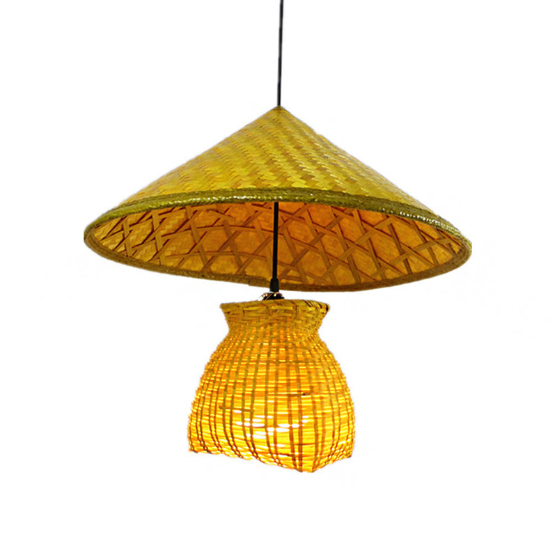 Bamboo Cone Suspension Pendant Traditional 1 Head Wood Hanging Ceiling Light with Basket Clearhalo 'Ceiling Lights' 'Modern Pendants' 'Modern' 'Pendant Lights' 'Pendants' Lighting' 276436