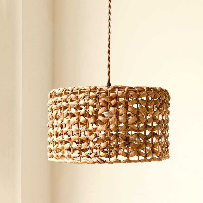 Brown Drum Pendant Lighting Traditionary Rattan 1 Bulb Hanging Lamp Kit for Dining Room Brown Clearhalo 'Ceiling Lights' 'Modern Pendants' 'Modern' 'Pendant Lights' 'Pendants' Lighting' 276438