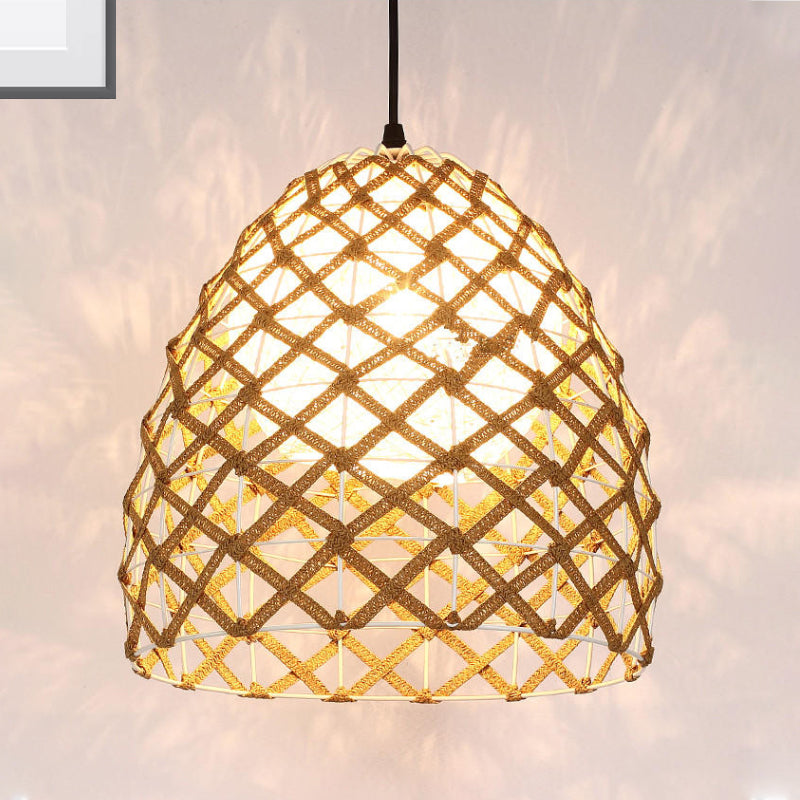 1 Bulb Tearoom Ceiling Light Asian Wood Pendant Light Fixture with Oval/Semicircle/House Bamboo Shade Wood Oval Clearhalo 'Ceiling Lights' 'Modern Pendants' 'Modern' 'Pendant Lights' 'Pendants' Lighting' 276470