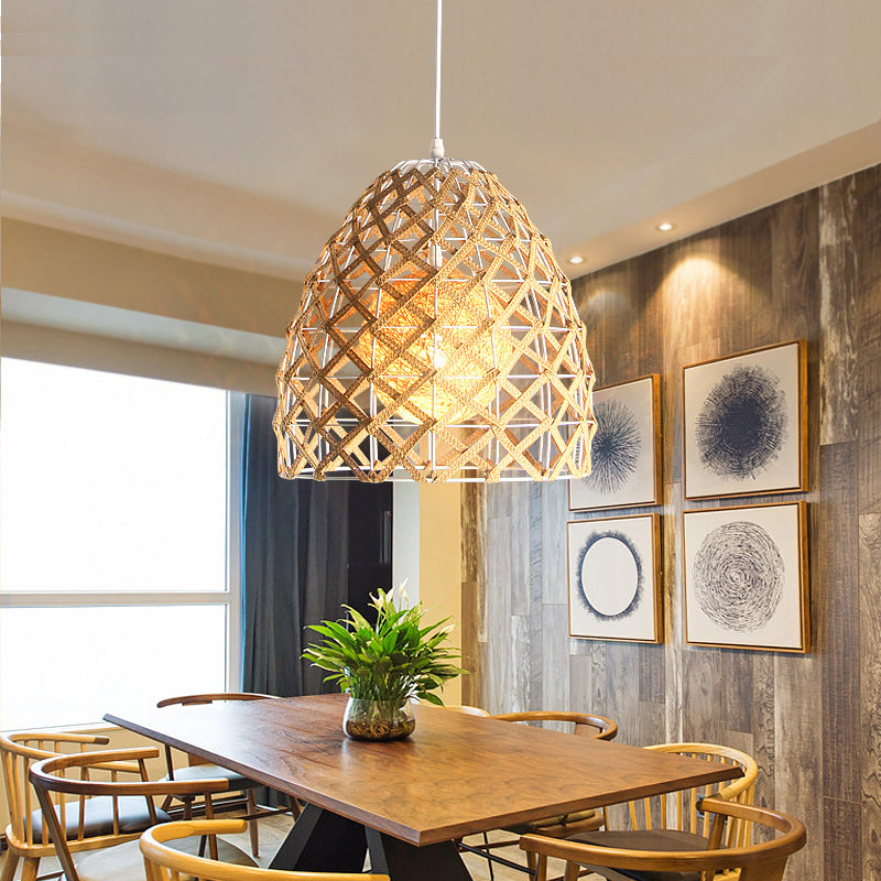 1 Bulb Tearoom Ceiling Light Asian Wood Pendant Light Fixture with Oval/Semicircle/House Bamboo Shade Clearhalo 'Ceiling Lights' 'Modern Pendants' 'Modern' 'Pendant Lights' 'Pendants' Lighting' 276472