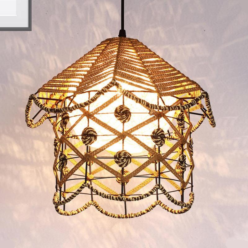 1 Bulb Tearoom Ceiling Light Asian Wood Pendant Light Fixture with Oval/Semicircle/House Bamboo Shade Wood House Clearhalo 'Ceiling Lights' 'Modern Pendants' 'Modern' 'Pendant Lights' 'Pendants' Lighting' 276475