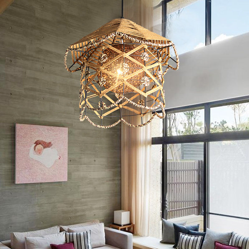 1 Bulb Tearoom Ceiling Light Asian Wood Pendant Light Fixture with Oval/Semicircle/House Bamboo Shade Clearhalo 'Ceiling Lights' 'Modern Pendants' 'Modern' 'Pendant Lights' 'Pendants' Lighting' 276477