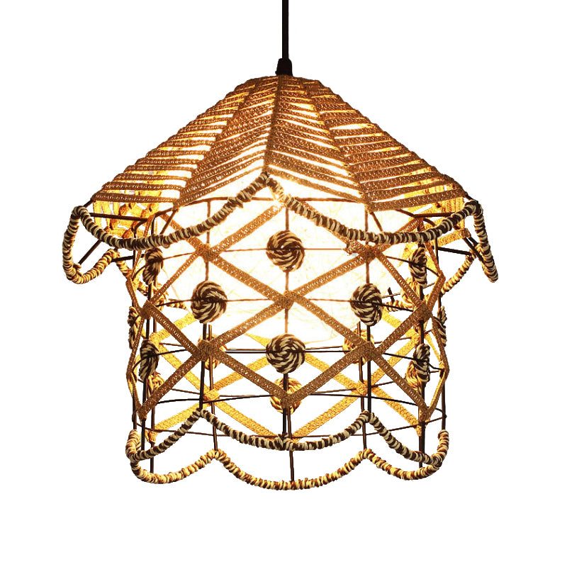 1 Bulb Tearoom Ceiling Light Asian Wood Pendant Light Fixture with Oval/Semicircle/House Bamboo Shade Clearhalo 'Ceiling Lights' 'Modern Pendants' 'Modern' 'Pendant Lights' 'Pendants' Lighting' 276478