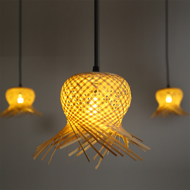 Traditionary 6 Bulbs Pendant Light Wood Woven Hanging Lamp Kit with Bamboo Shade Clearhalo 'Ceiling Lights' 'Modern Pendants' 'Modern' 'Pendant Lights' 'Pendants' Lighting' 276490