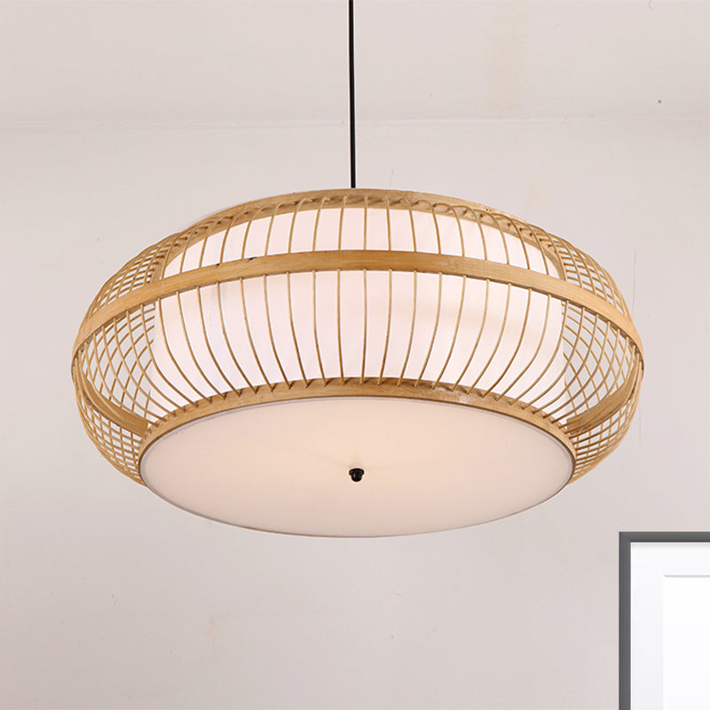 Rounded Drum Suspension Pendant Contemporary Bamboo 1 Bulb Wood Hanging Light Kit, 18"/21.5"/23.5" Wide Wood Clearhalo 'Ceiling Lights' 'Modern Pendants' 'Modern' 'Pendant Lights' 'Pendants' Lighting' 276496