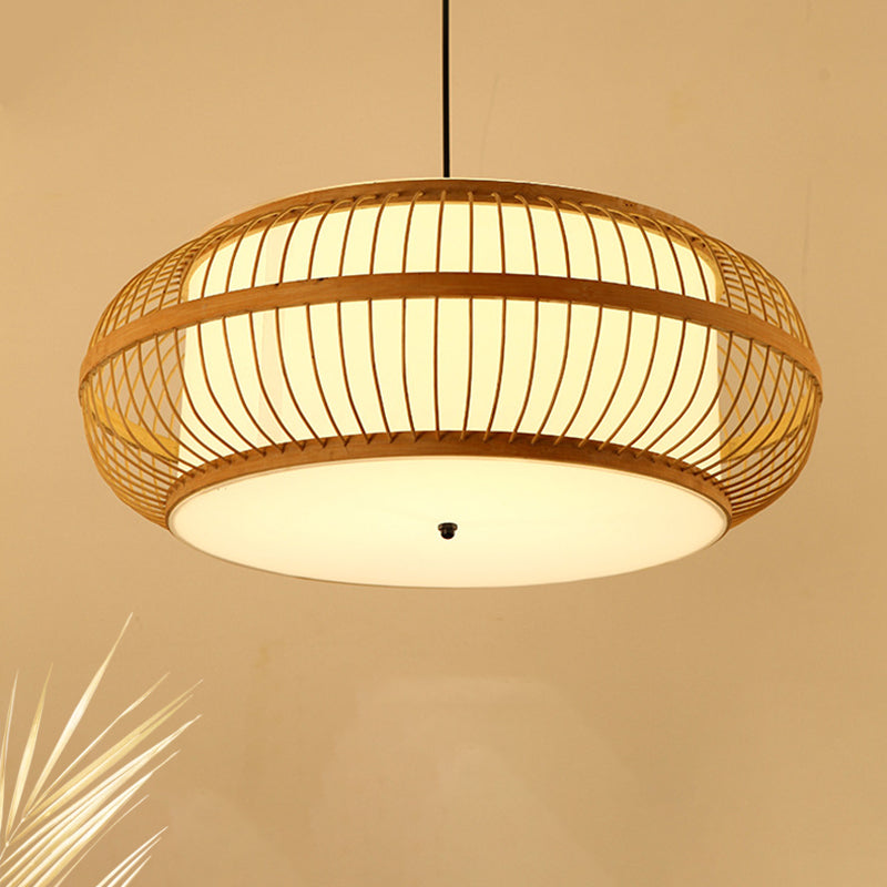 Rounded Drum Suspension Pendant Contemporary Bamboo 1 Bulb Wood Hanging Light Kit, 18"/21.5"/23.5" Wide Clearhalo 'Ceiling Lights' 'Modern Pendants' 'Modern' 'Pendant Lights' 'Pendants' Lighting' 276497