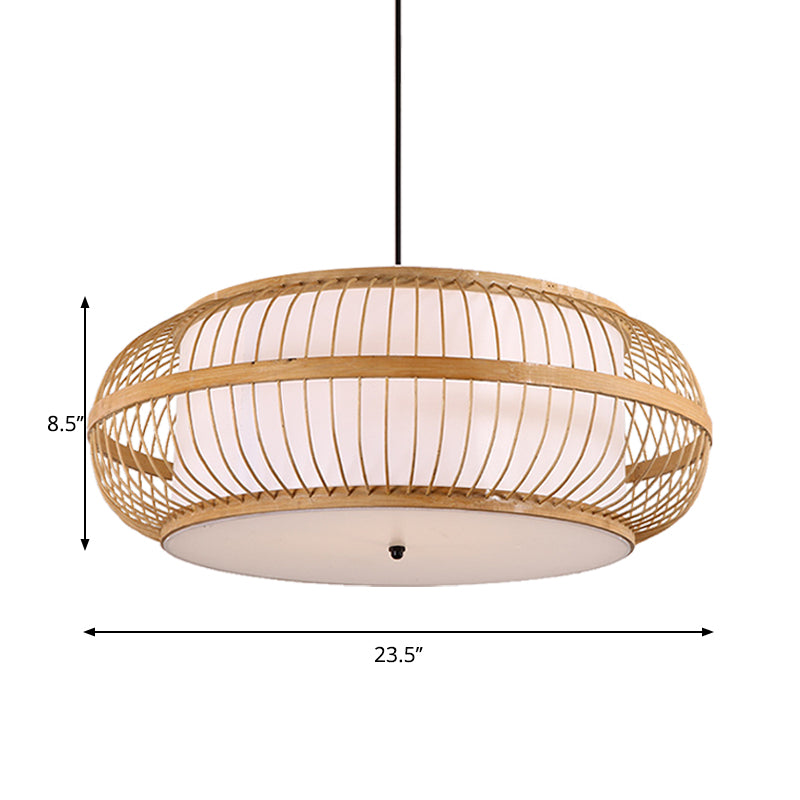 Rounded Drum Suspension Pendant Contemporary Bamboo 1 Bulb Wood Hanging Light Kit, 18"/21.5"/23.5" Wide Clearhalo 'Ceiling Lights' 'Modern Pendants' 'Modern' 'Pendant Lights' 'Pendants' Lighting' 276502