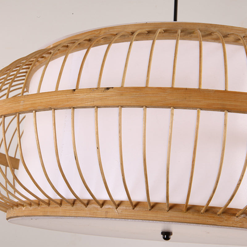 Rounded Drum Suspension Pendant Contemporary Bamboo 1 Bulb Wood Hanging Light Kit, 18"/21.5"/23.5" Wide Clearhalo 'Ceiling Lights' 'Modern Pendants' 'Modern' 'Pendant Lights' 'Pendants' Lighting' 276503