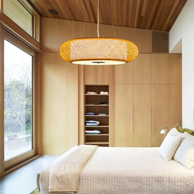 12"/16"/19.5" Wide Donut Ceiling Lamp Retro Bamboo 3 Bulbs Wood Hanging Light Fixture Clearhalo 'Ceiling Lights' 'Modern Pendants' 'Modern' 'Pendant Lights' 'Pendants' Lighting' 276506