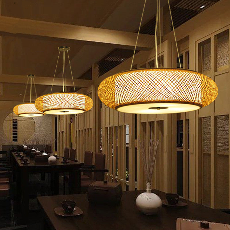 12"/16"/19.5" Wide Donut Ceiling Lamp Retro Bamboo 3 Bulbs Wood Hanging Light Fixture Clearhalo 'Ceiling Lights' 'Modern Pendants' 'Modern' 'Pendant Lights' 'Pendants' Lighting' 276507