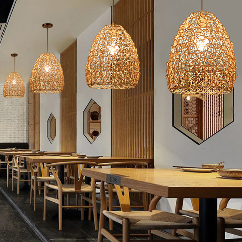 Bamboo Basket/Trumpet Hanging Lamp Contemporary 1 Head Wood Ceiling Pendant Light for Restaurant Clearhalo 'Ceiling Lights' 'Modern Pendants' 'Modern' 'Pendant Lights' 'Pendants' Lighting' 276544